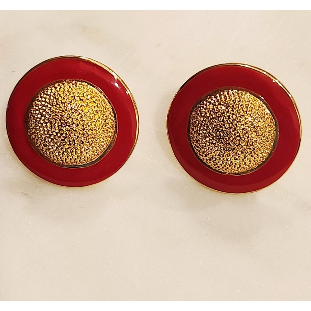Clip On Earrings Gold Tone Red Enamel Round Statement Retro Clasdic Bold